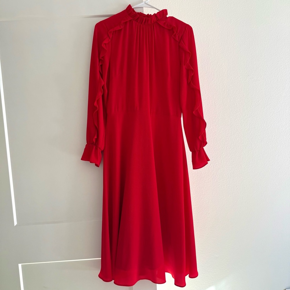 DONNA MORGAN Bright Red Ruffled Midi Dress
